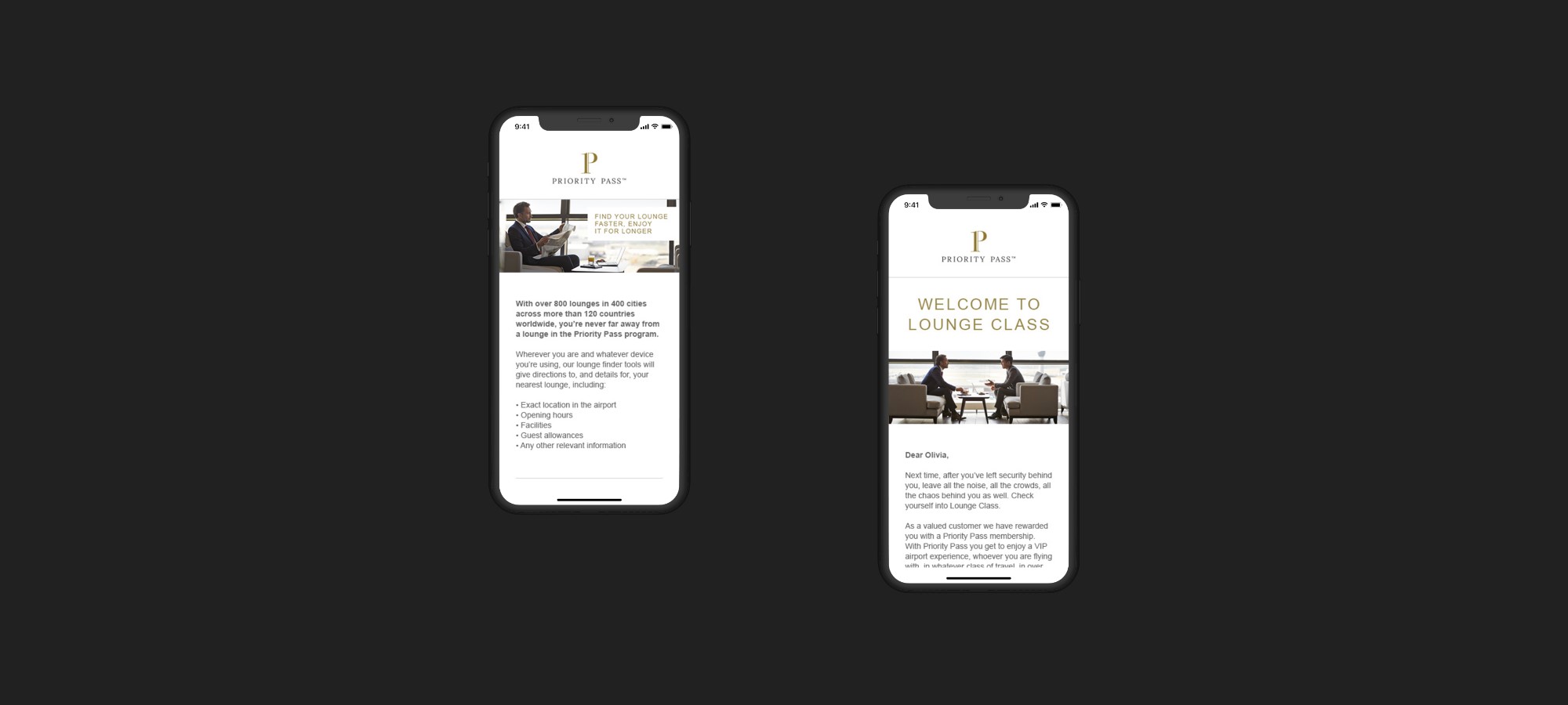 Mobile showing Priority Pass website and mobile showing welcome email to customer
