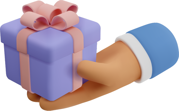 A claymation hand is offering a gift. The hand's wrist is covered by a white shirt and a blue jacket. The gift is a purple box with a slightly larger lid, held closed with a pink ribbon that wraps around all four sides and is fastened at the top with a bow