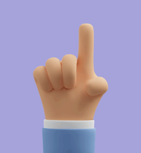 A claymation right hand starts with a single finger raised, then two, then three, before the animation repeats. The wrist shows a white shirt covered by a blue jacket