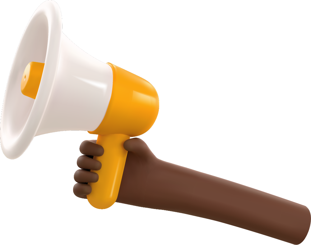 A claymation hand holds a megaphone. The megaphone is white with a yellow handle.