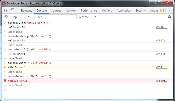 JavaScript Console showing different message types
