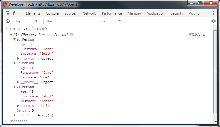 JavaScript Console showing code for a table